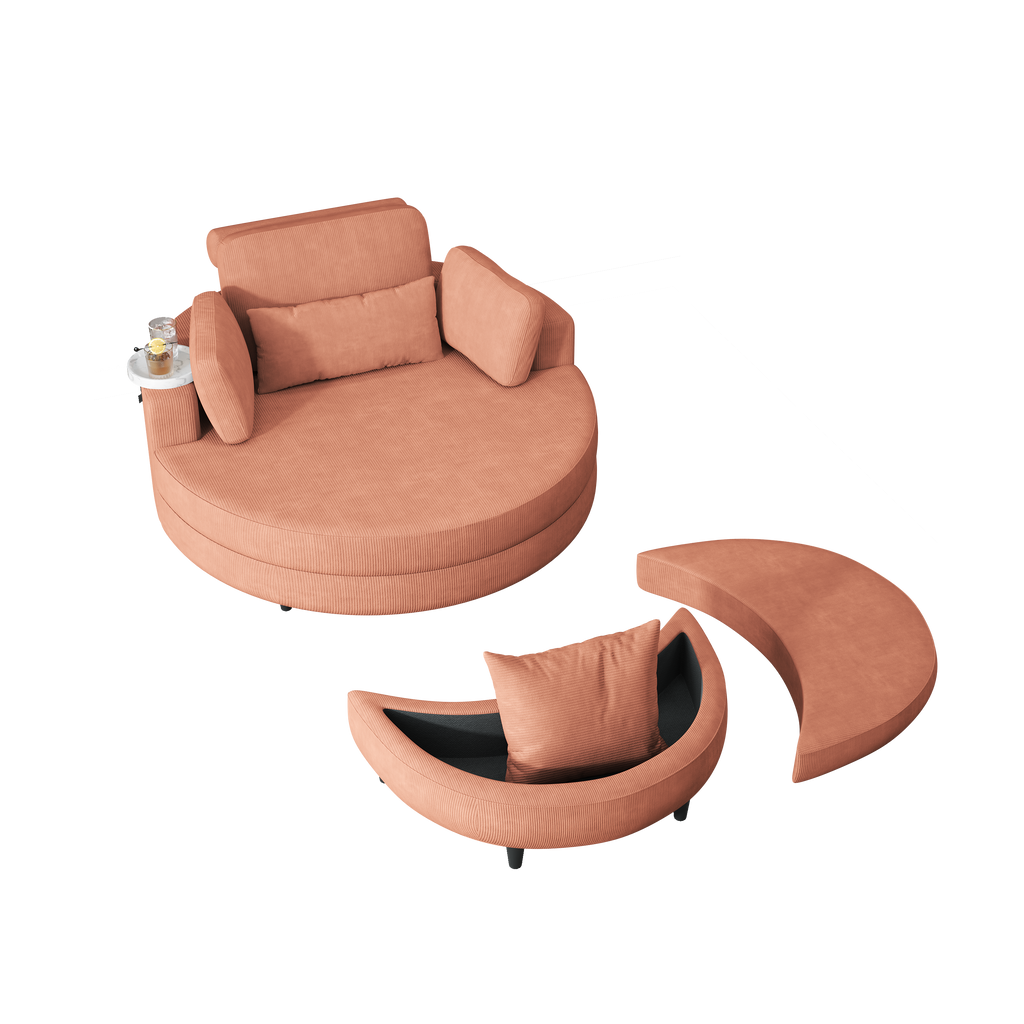 A 51-inch orange corduroy sofa with two throw pillows, a waist pillow and an extra tray is comfortable for a small apartment bedroom