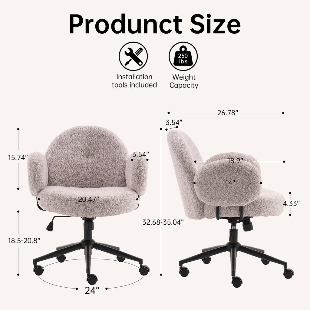 Boucle Fabric Office Chair with Ergonomic Curved 
Backrest & Armrests - 360° Swivel Adjustable Height
 Task Chair, Sturdy Black Metal Base with Rolling
 Casters for Home Office/Study/Vanity