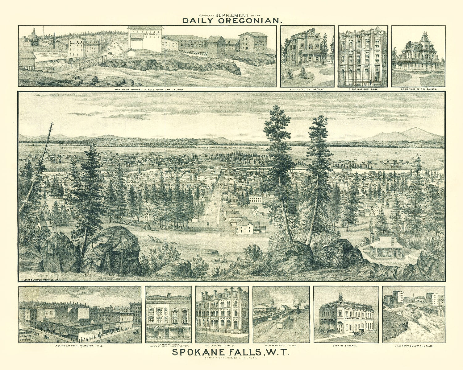 Vintage Map of Spokane Falls, Washington 1880