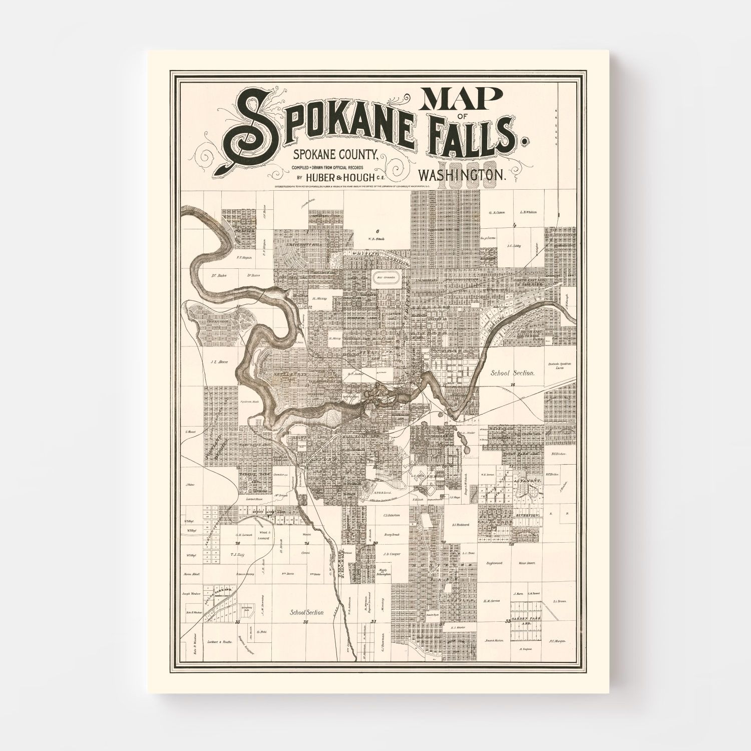 Vintage Map of Spokane Falls, Washington 1889