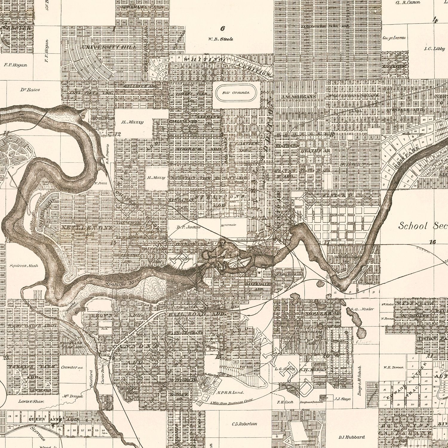 Vintage Map of Spokane Falls, Washington 1889