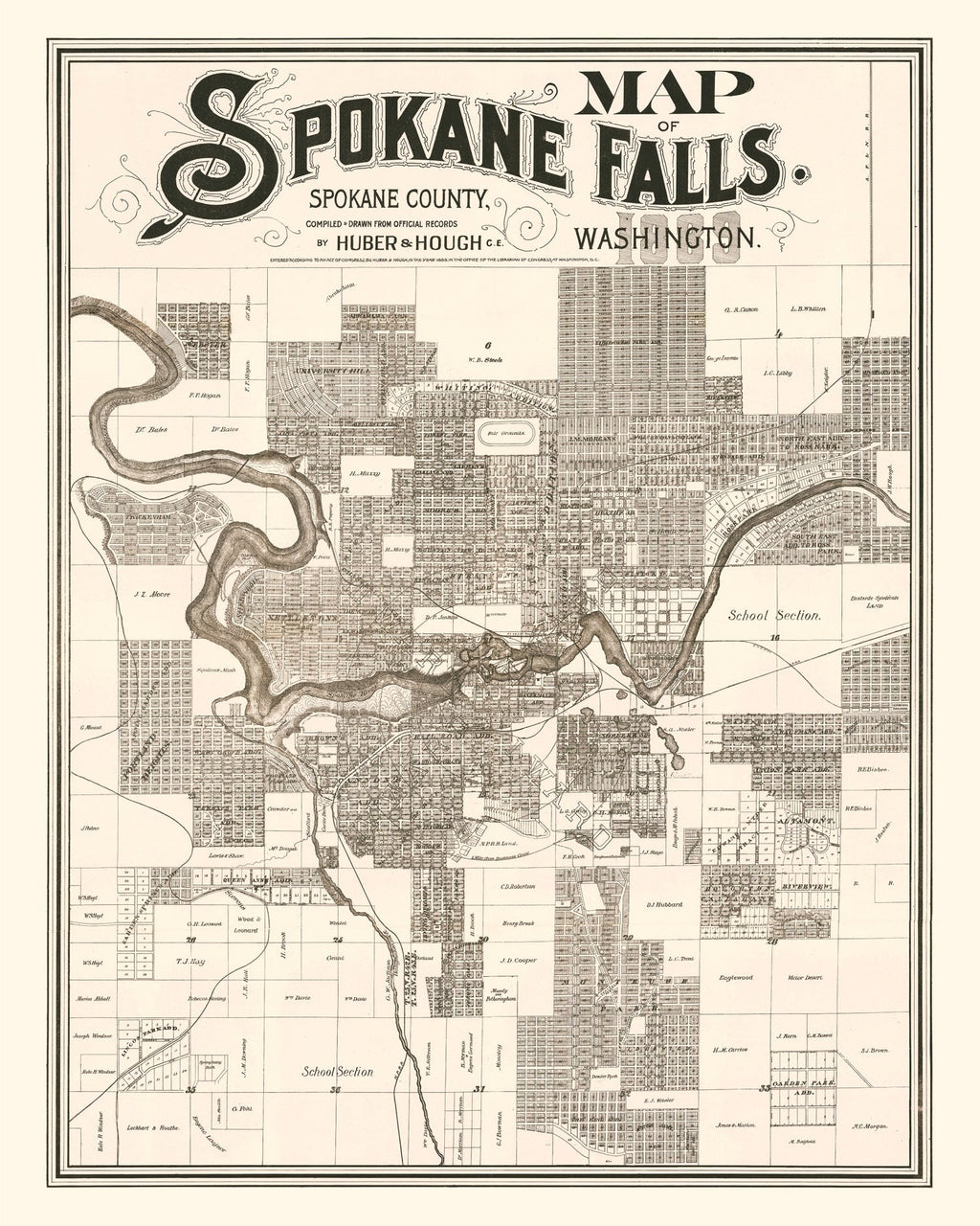 Vintage Map of Spokane Falls, Washington 1889