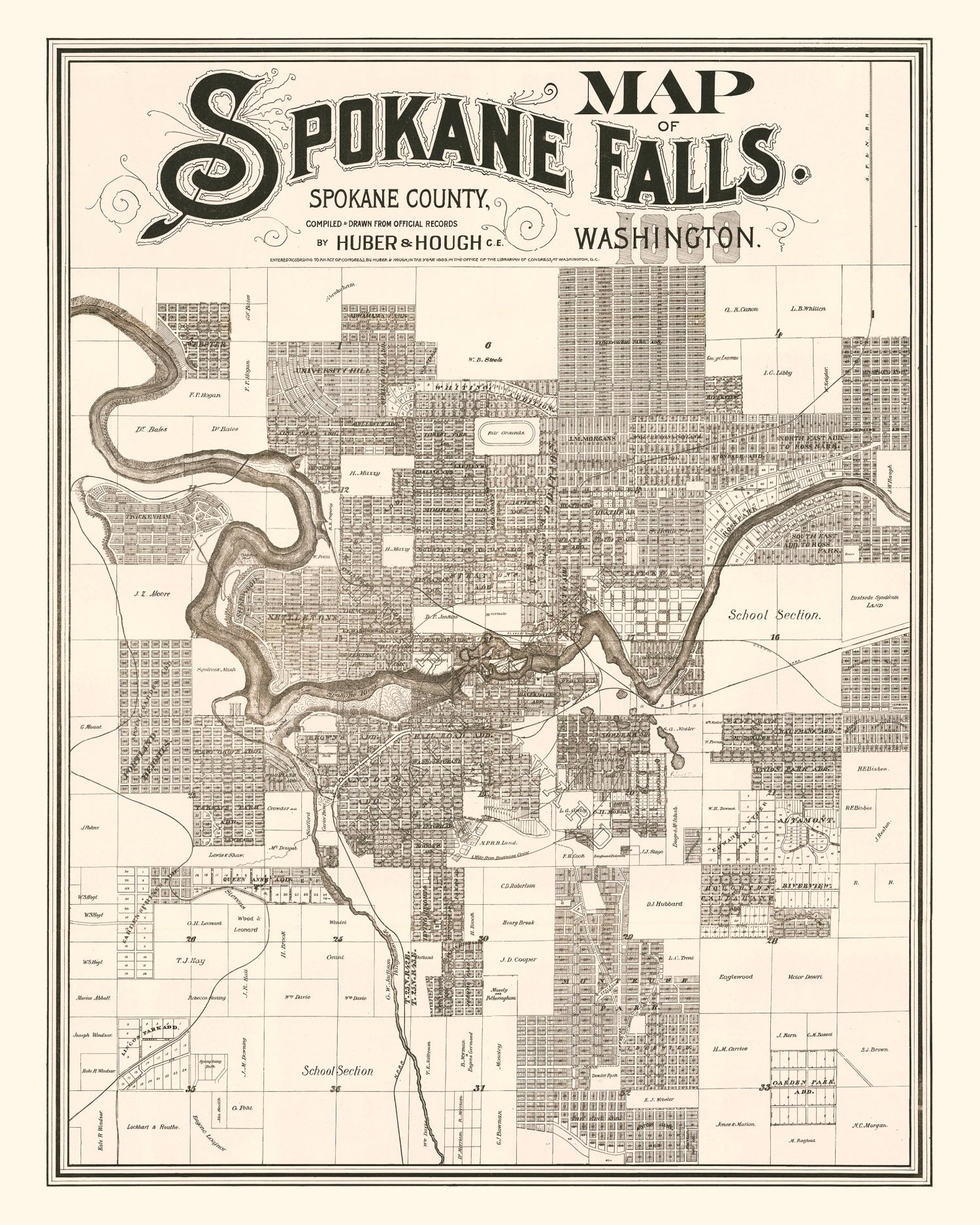 Vintage Map of Spokane Falls, Washington 1889