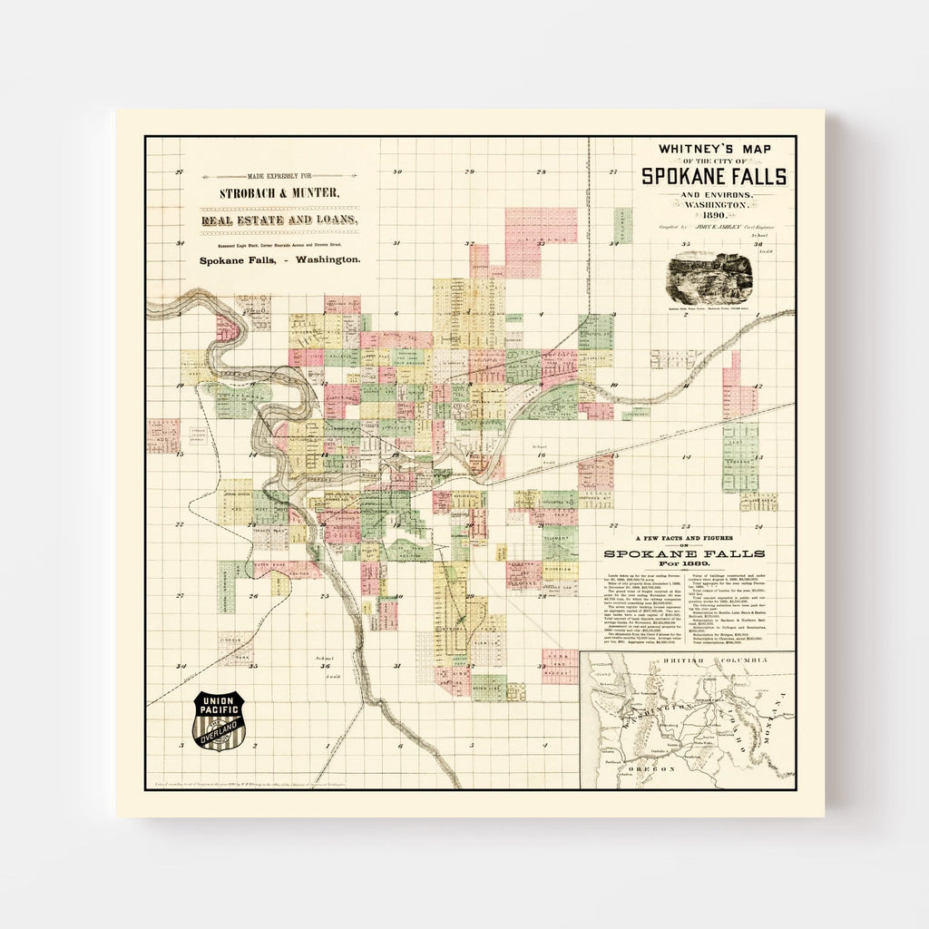 Vintage Map of Spokane Falls, Washington 1890