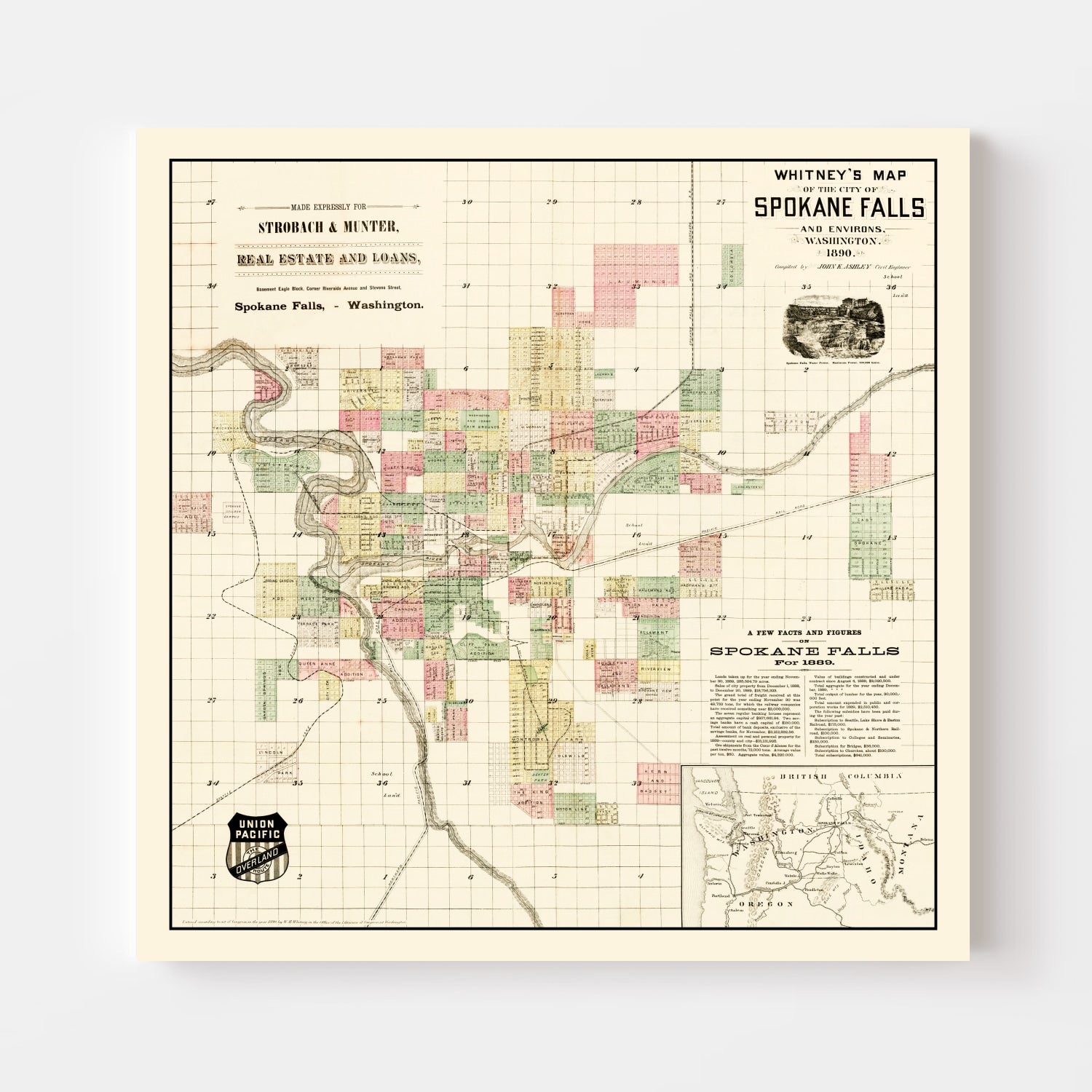 Vintage Map of Spokane Falls, Washington 1890