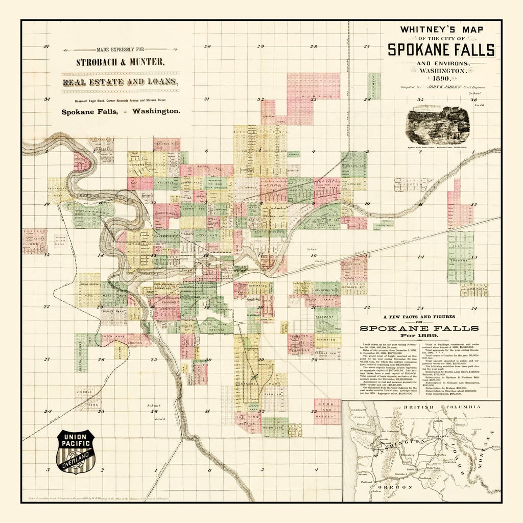 Vintage Map of Spokane Falls, Washington 1890