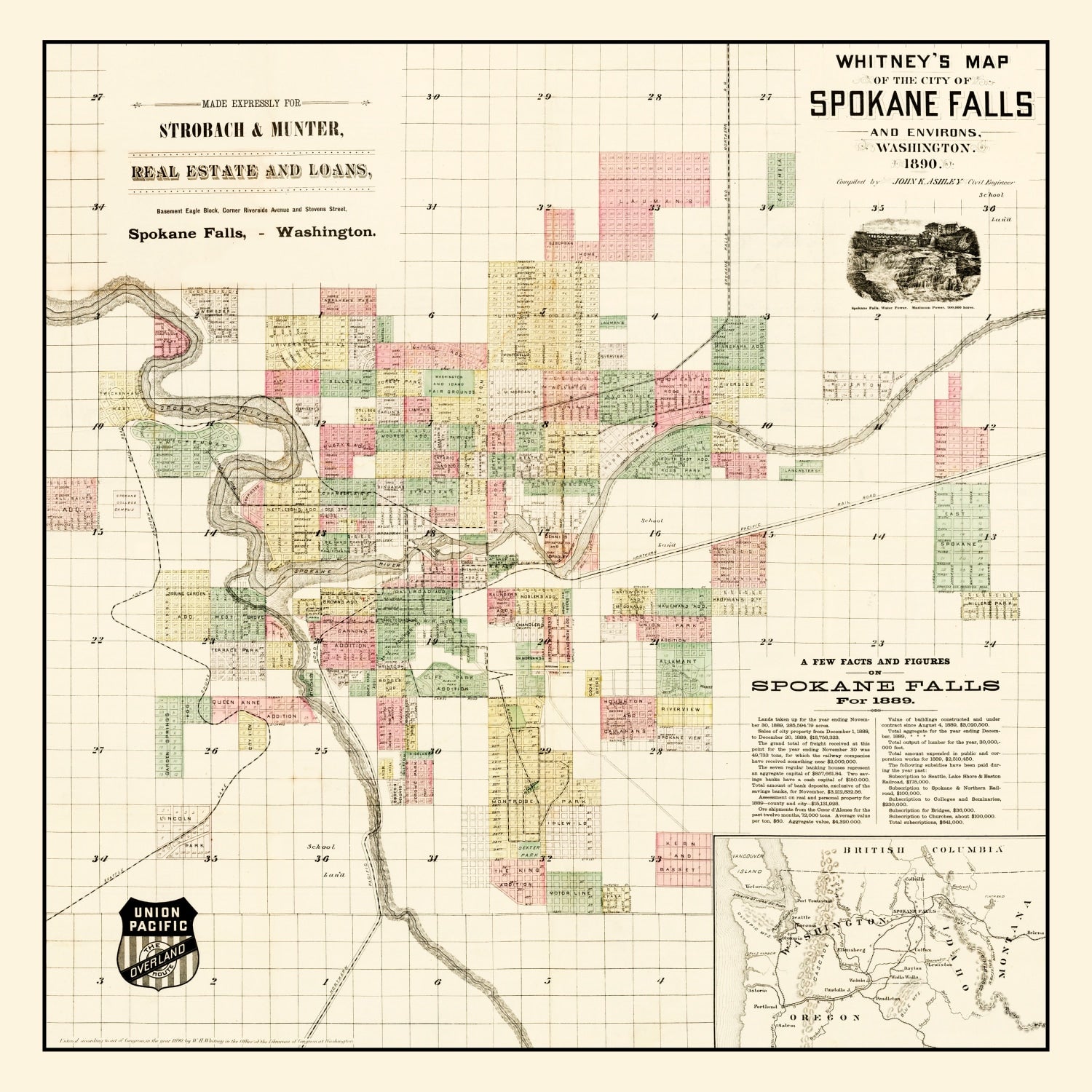 Vintage Map of Spokane Falls, Washington 1890