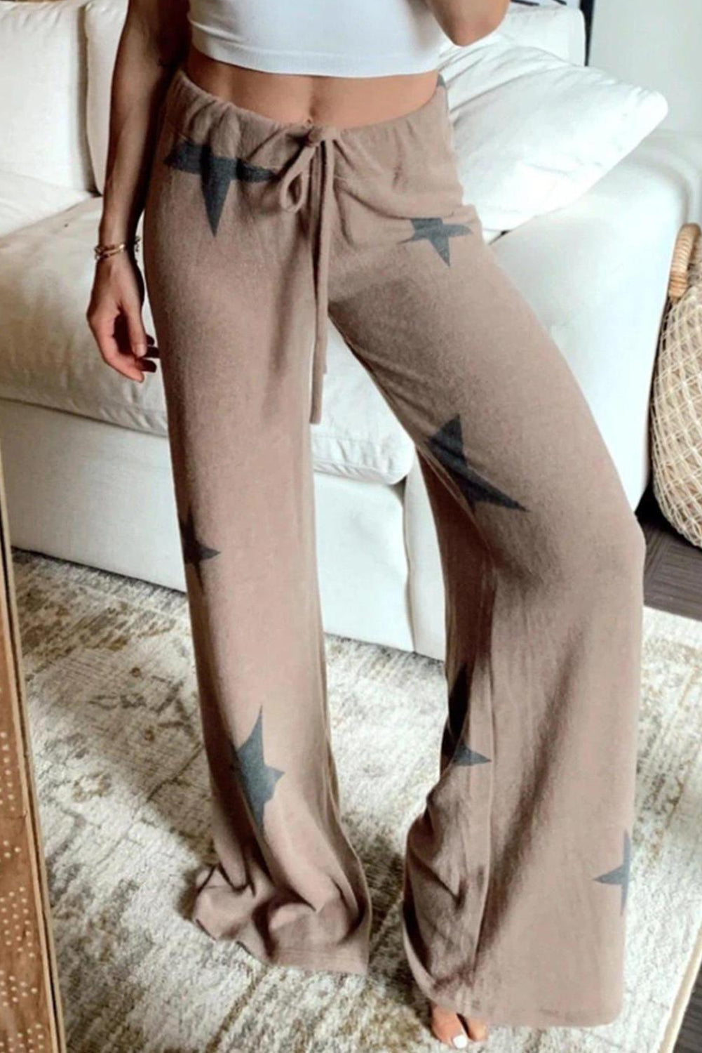 Khaki Retro Star Print Pajama Set Long Sleeve Drawstring
