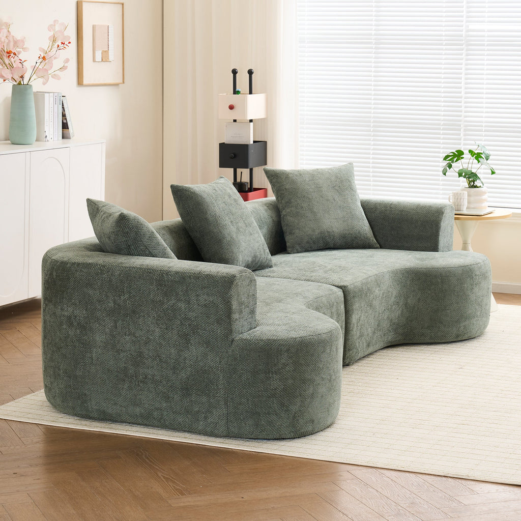 Modern Style Green Curved Sofa, Soft Corduroy Sofa with 3 Pillows, Living Room Milky White Ultra Smooth Curved Fabric Sofa