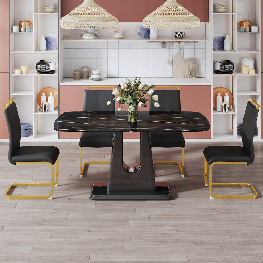 A modern, minimalist, and luxurious table. A black imitation marble tabletop with MDF U-shaped legs. Dining table, computer table. For restaurants and living rooms 63' * 35.4'* 30' F-U
