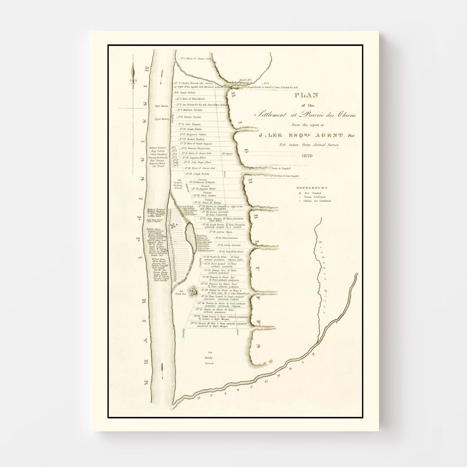 Vintage Map of Prairie des Chiens, Wisconsin 1834