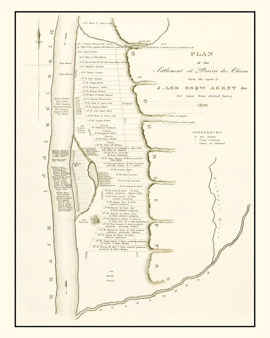 Vintage Map of Prairie des Chiens, Wisconsin 1834
