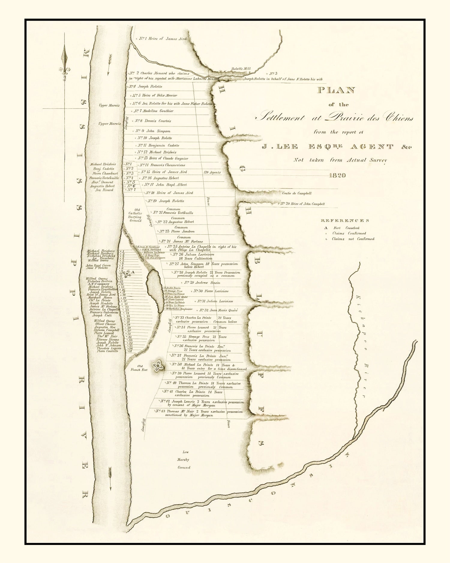 Vintage Map of Prairie des Chiens, Wisconsin 1834