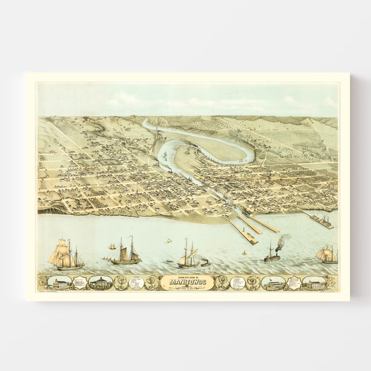 Vintage Map of Manitowac, Wisconsin 1868