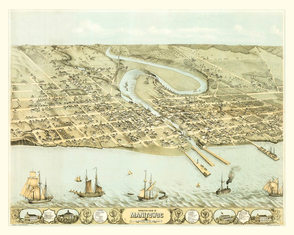Vintage Map of Manitowac, Wisconsin 1868