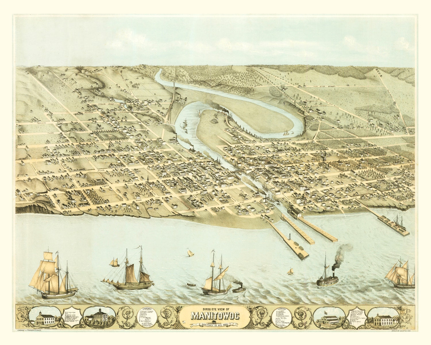 Vintage Map of Manitowac, Wisconsin 1868