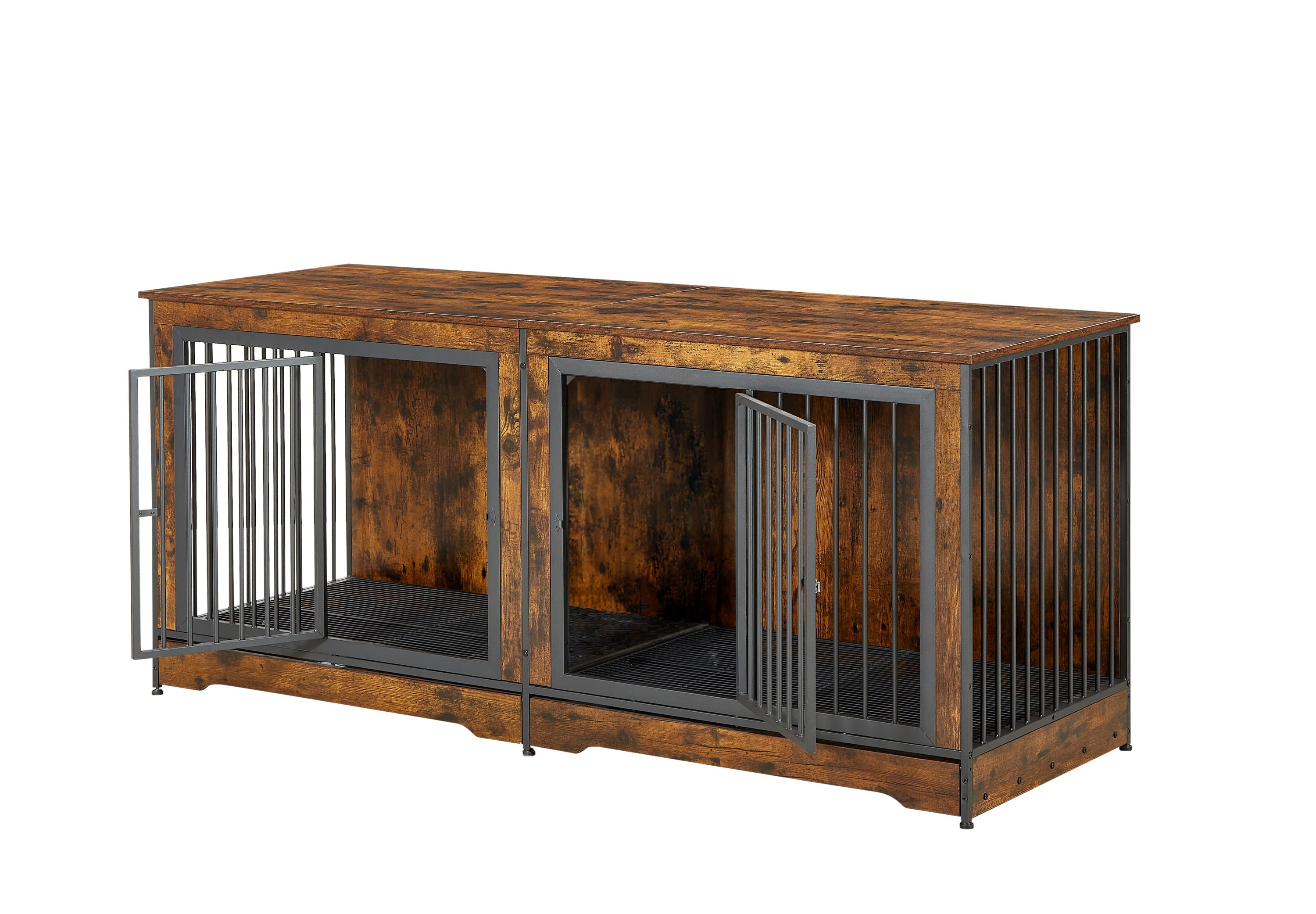 Super large dog crate furniture for two dogs with tray, TV stand. Rustic Brown, 75'' W x 26.4'' D x 32.3'' H.