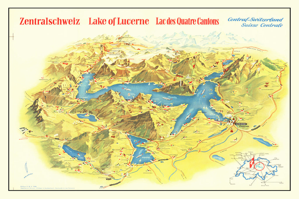 Vintage Map of Lake Lucerne, 1938