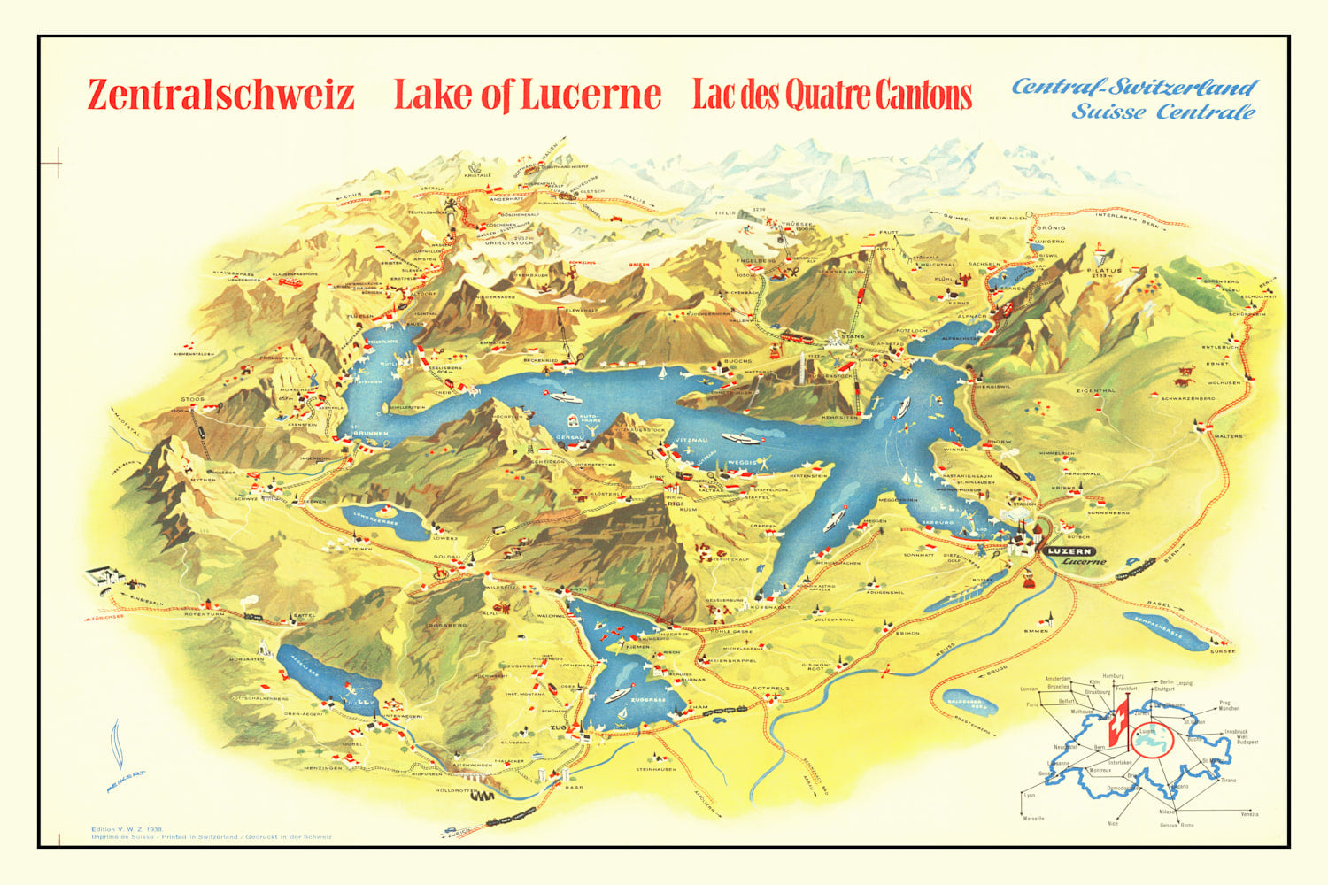 Vintage Map of Lake Lucerne, 1938