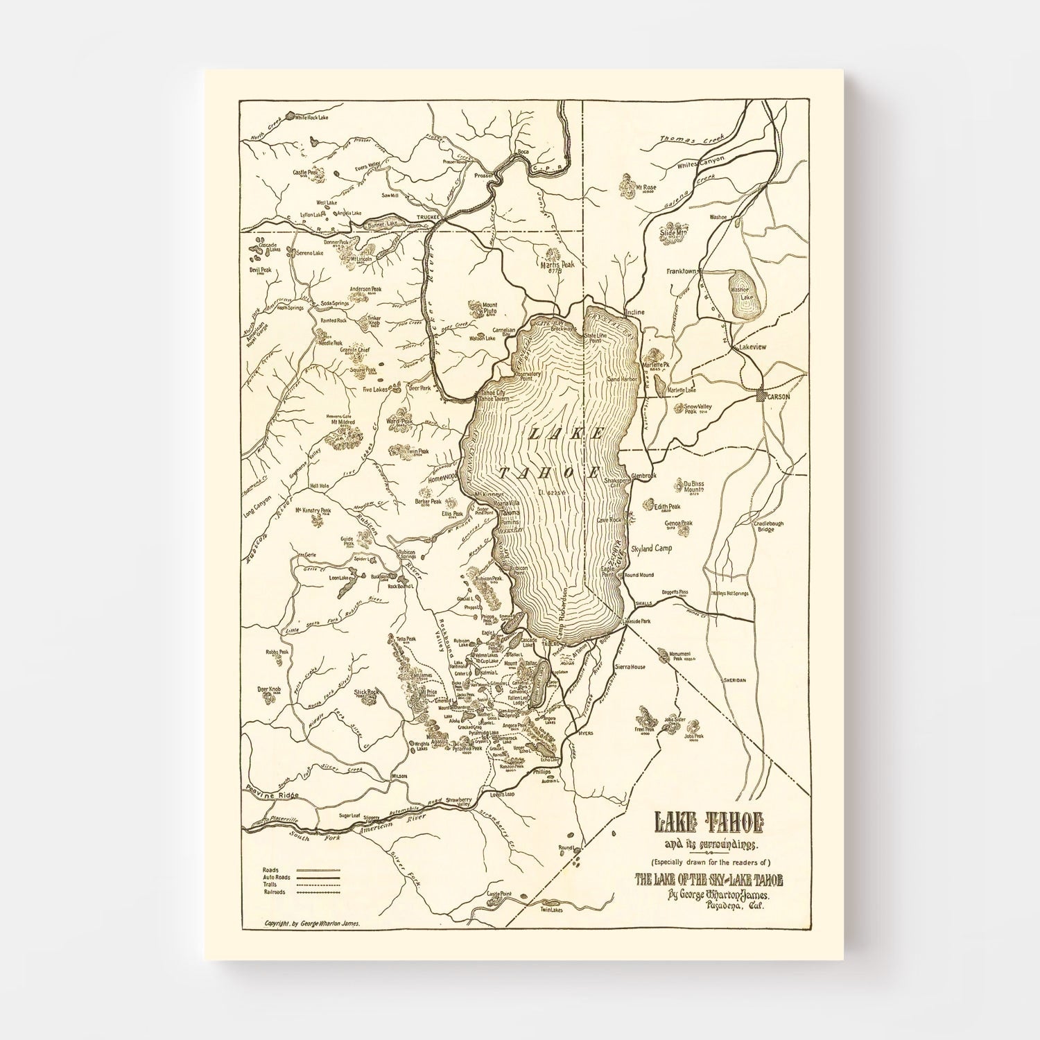 Vintage Map of Lake Tahoe, 1915