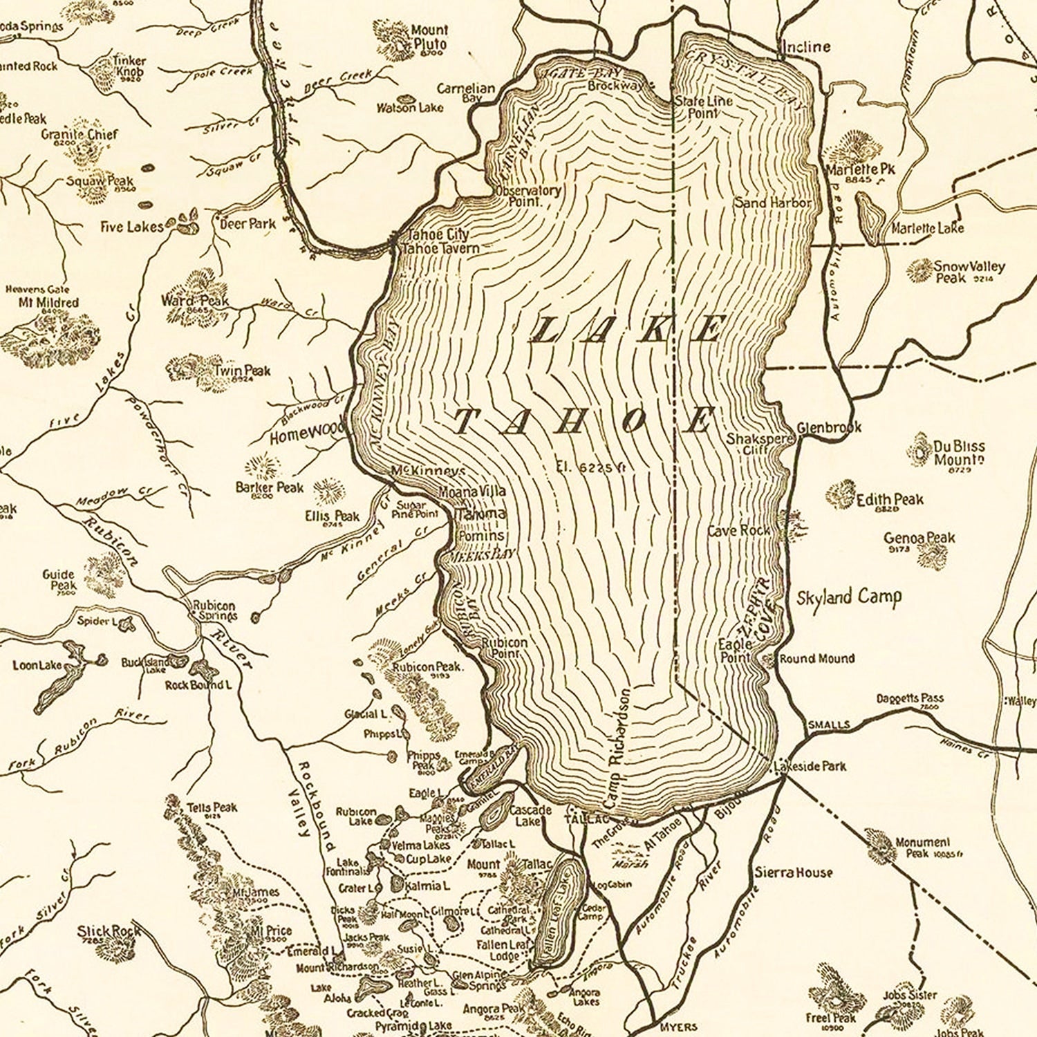 Vintage Map of Lake Tahoe, 1915
