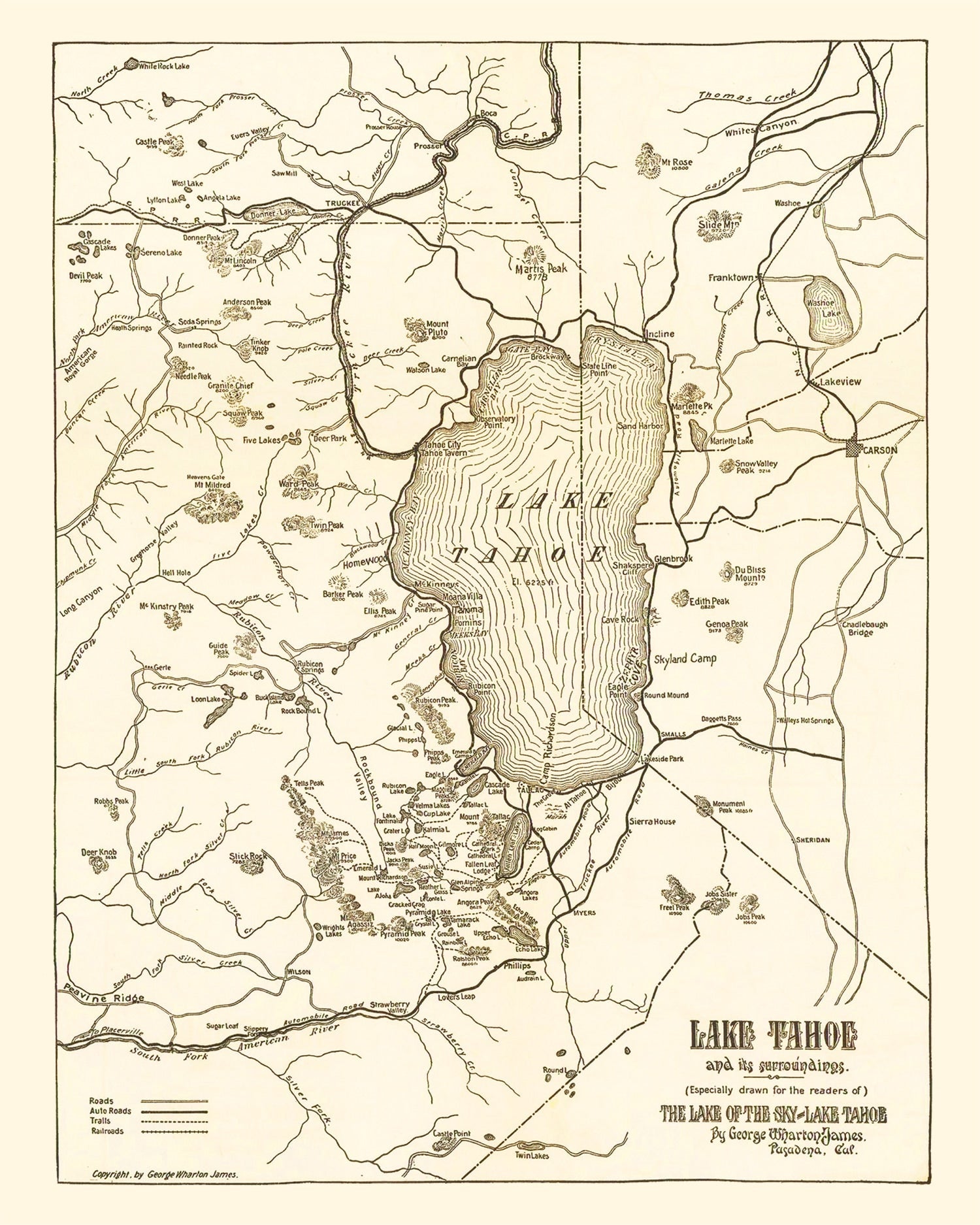 Vintage Map of Lake Tahoe, 1915