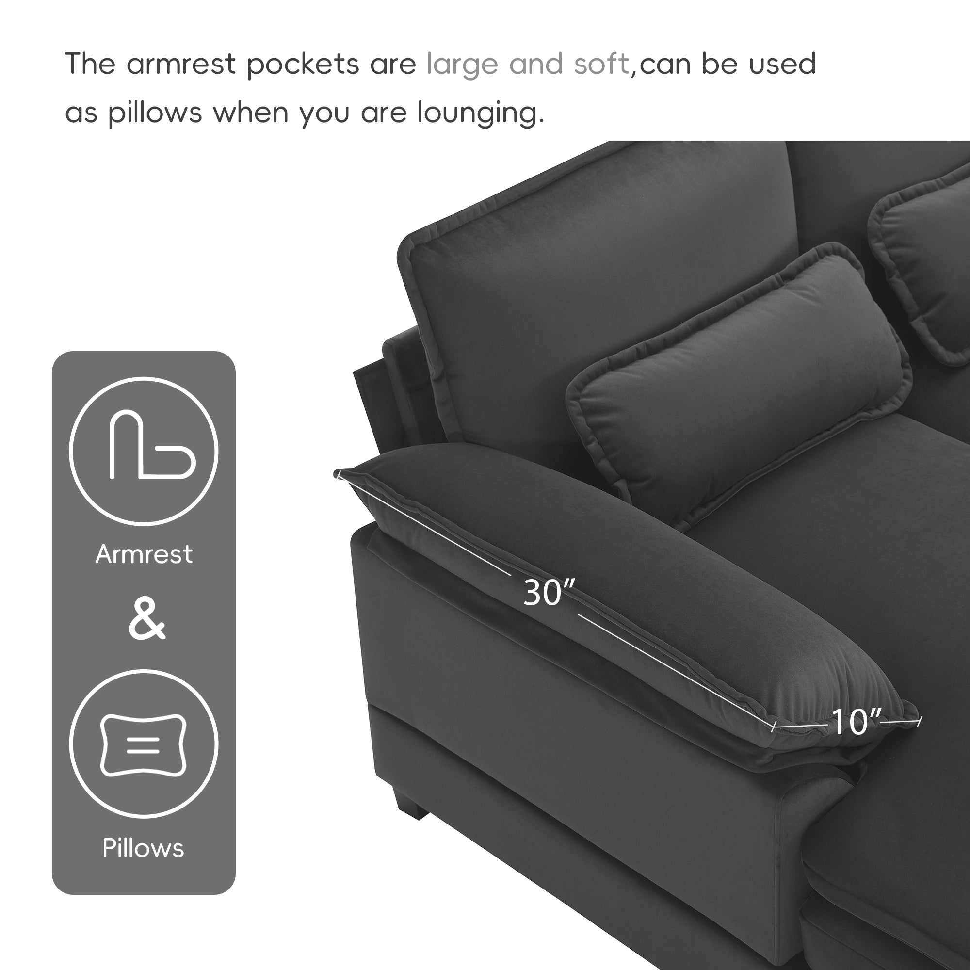 Modern U-shaped Sectional Sofa with Waist Pillows, 6-seat Upholstered Sleeper Sofa with Chaise Lounge in Velvet, 109.8*55.9', Gray