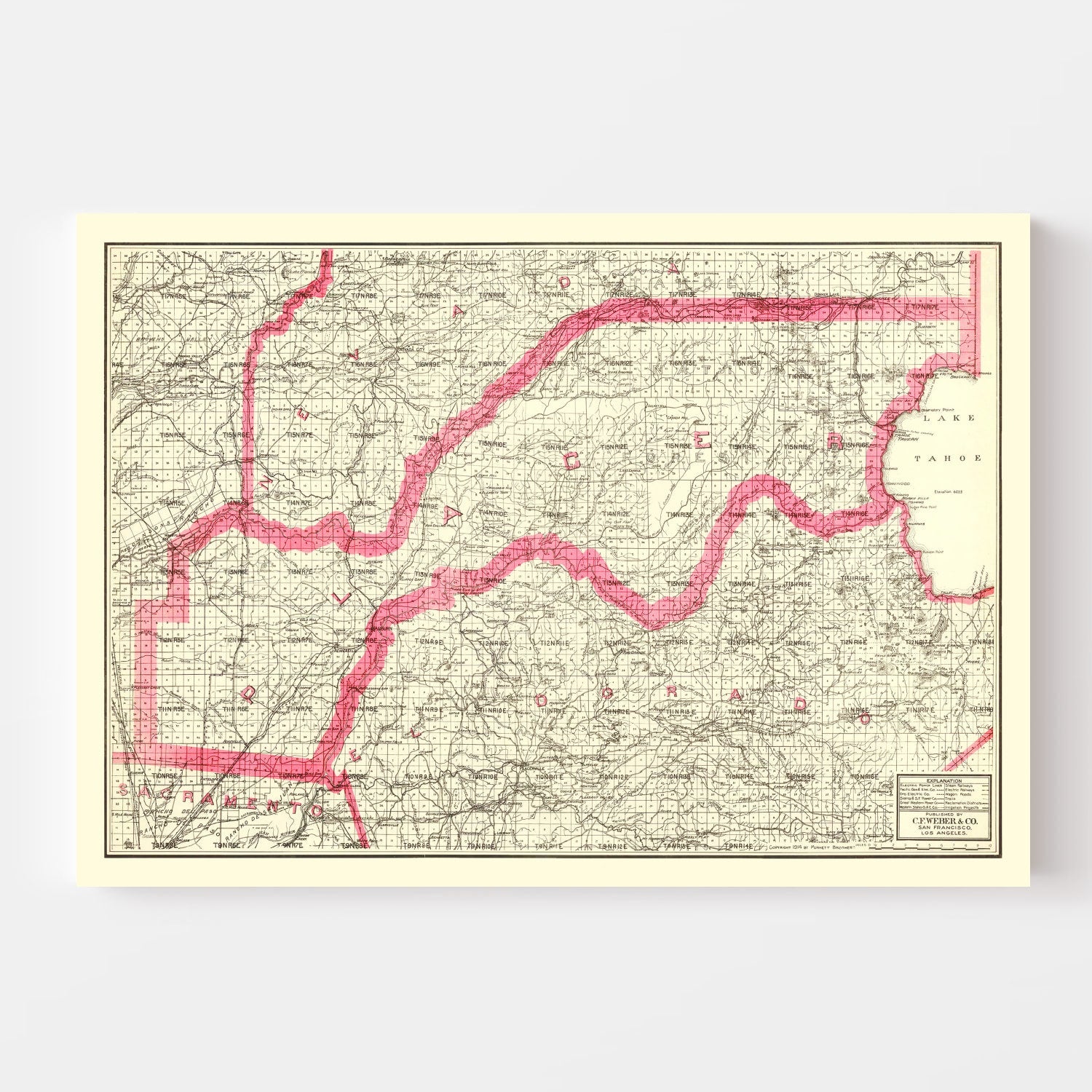 Vintage Map of Lake Tahoe, 1914