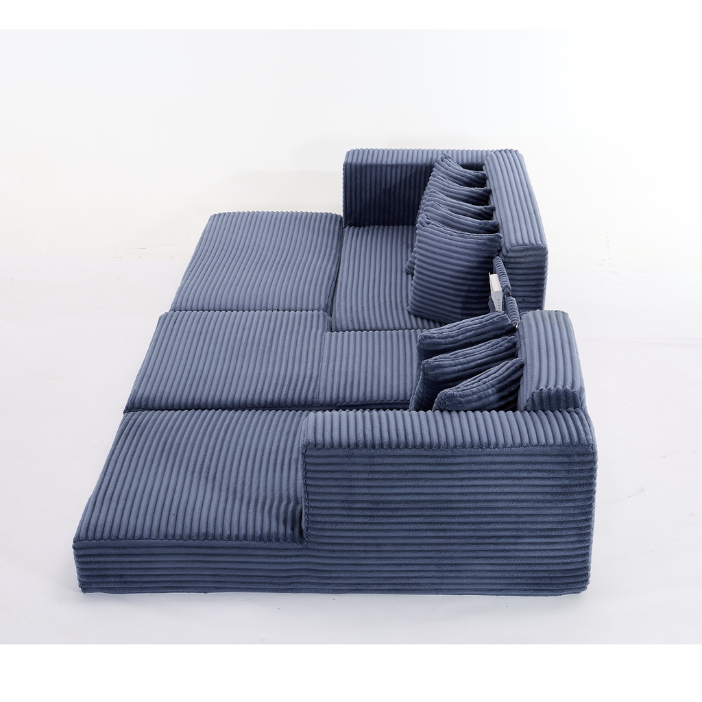 [NEW ARRIVED] [VIDEO PROVIDED] Oversize Cloud Sectional Couch, L-Shape Sofa, Convertible Floor Sleeper Sofa Bed, No Assembly ,Eight pillows,3-in-1,Magazine bag,(Right Facing Sofa),3 Seat,Corduroy,Blue