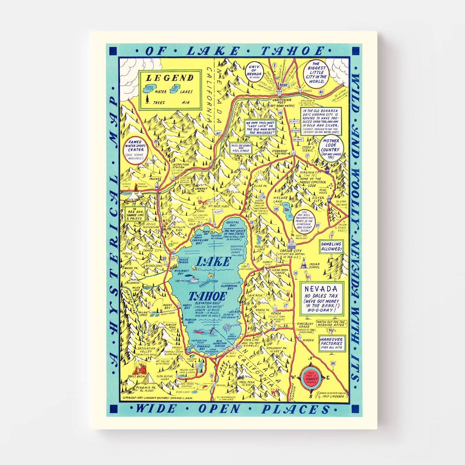 Vintage Map of Lake Tahoe, 1947
