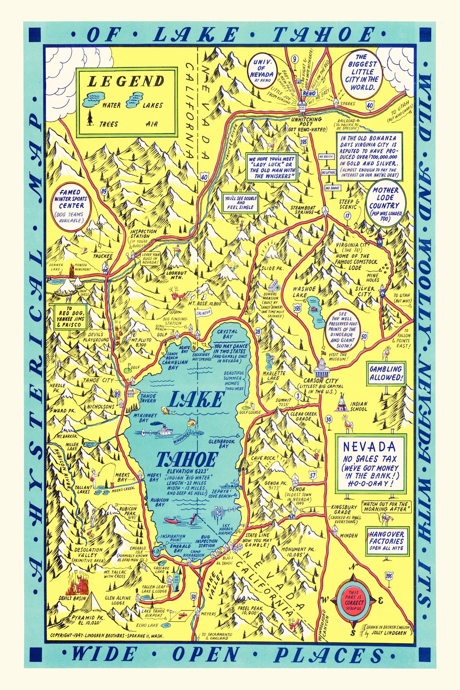 Vintage Map of Lake Tahoe, 1947