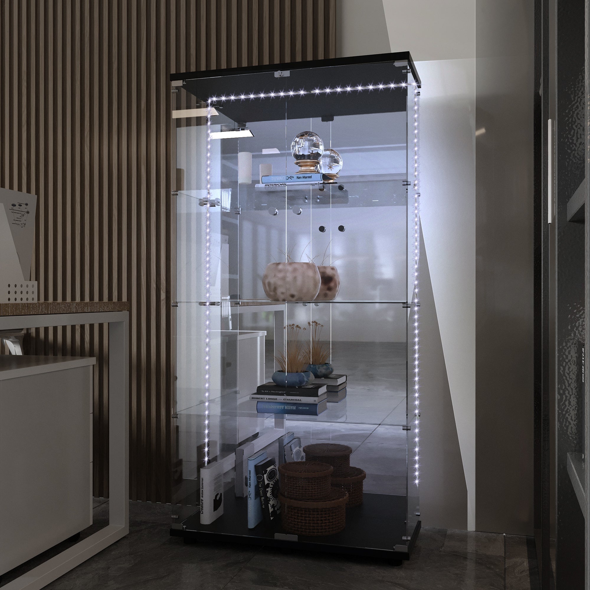 Tempered glass display cabinet,liquor cabinet, storage cabinet,file cabinet,with Bluetooth LED strip light,lock on the door,back panel is Mirror,suitable for living room,bedroom,corridor, office,black