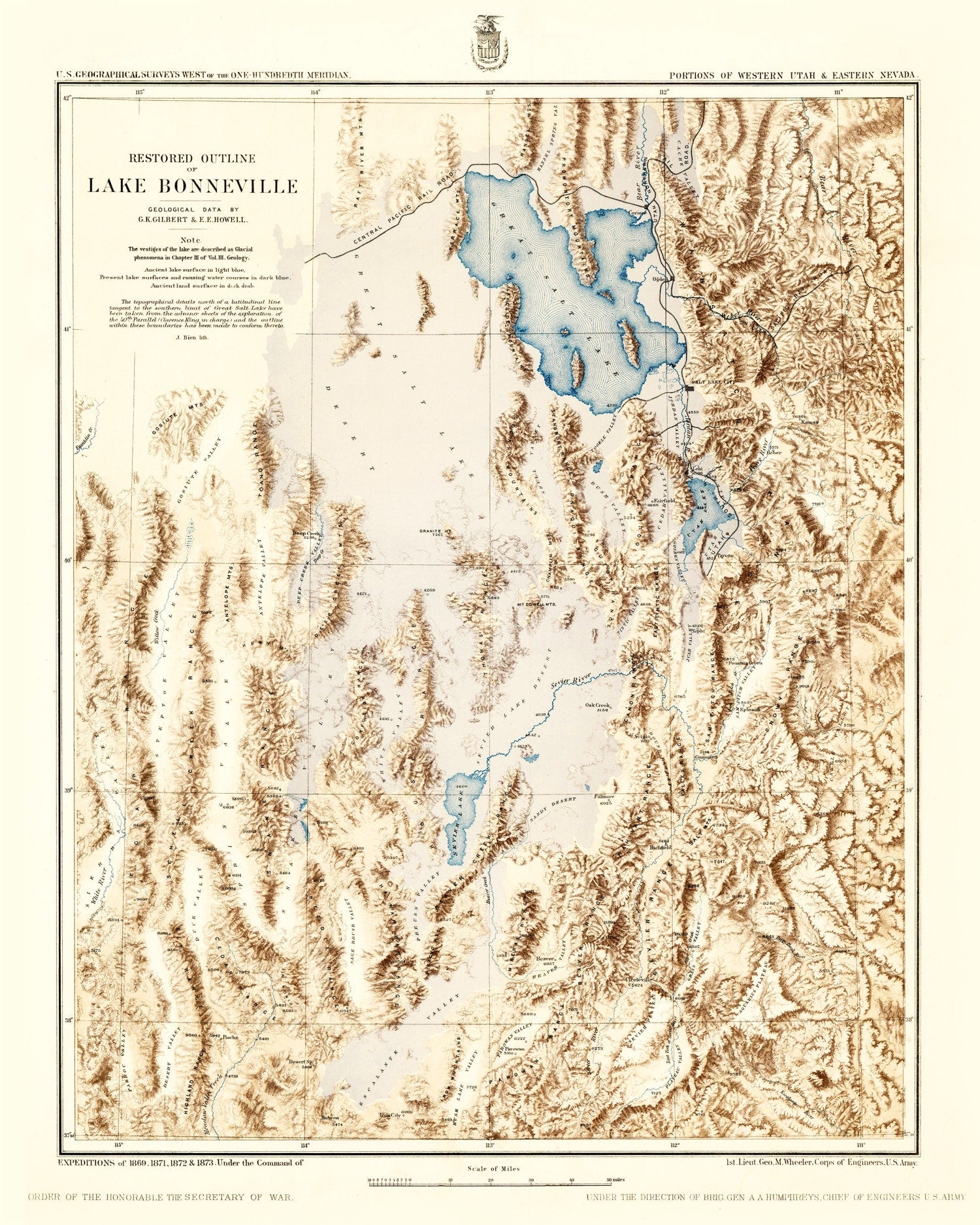 Vintage Map of Lake Bonneville, 1877