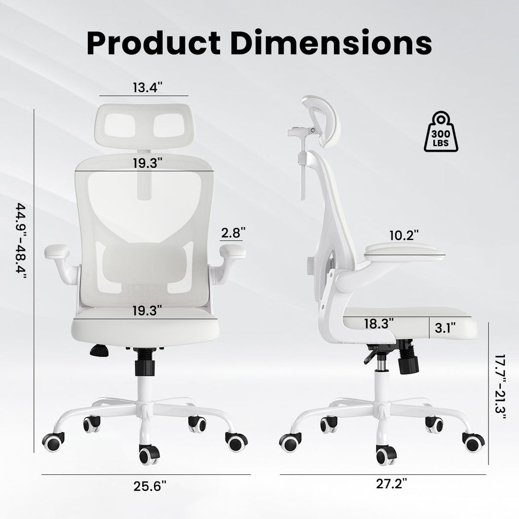 Ergonomic Office Chair, Home Office Desk Chair with Headrest, High Back Computer Chair with Armrests and Adjustable Lumbar Support for Home Office Study Room, White