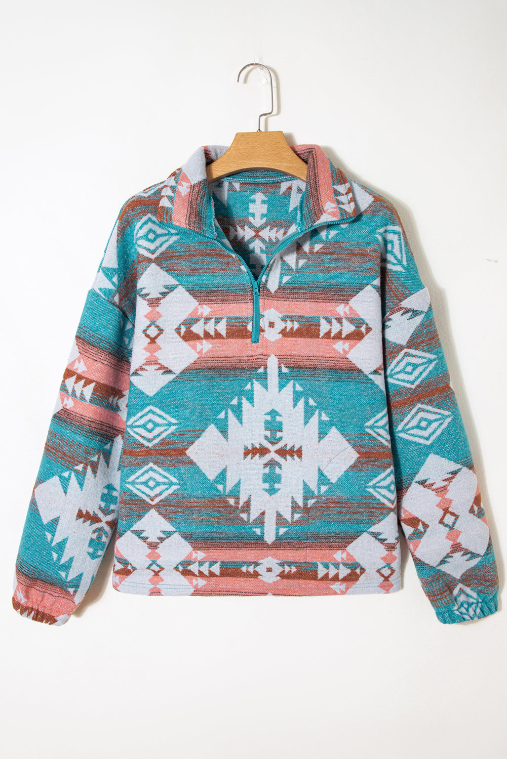 Western Aztec Quarter-Zip Elastic Cuffs Sweatshirt