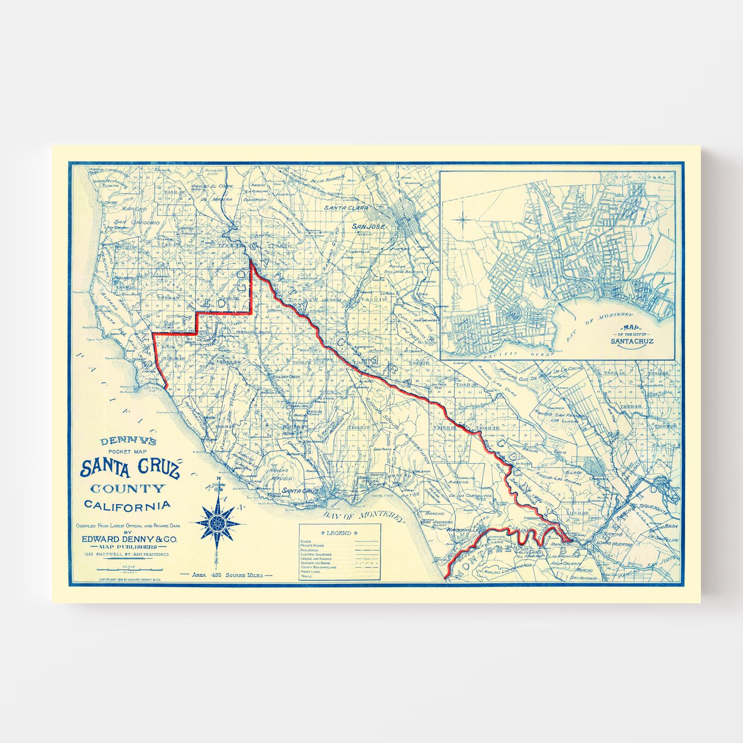 Vintage Map of Santa Cruz County, California 1916