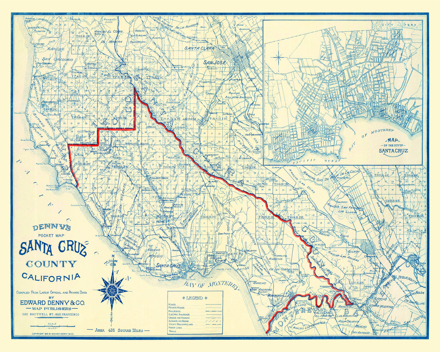 Vintage Map of Santa Cruz County, California 1916