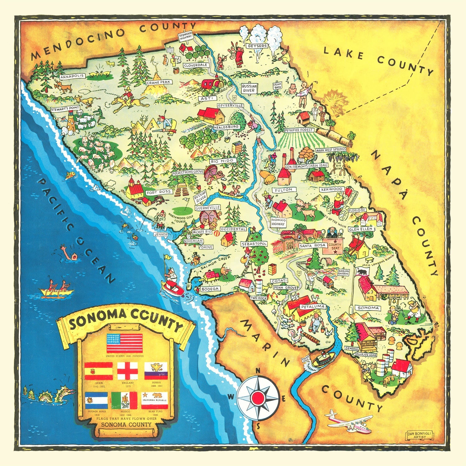 Vintage Map of Sonoma County, California 1945