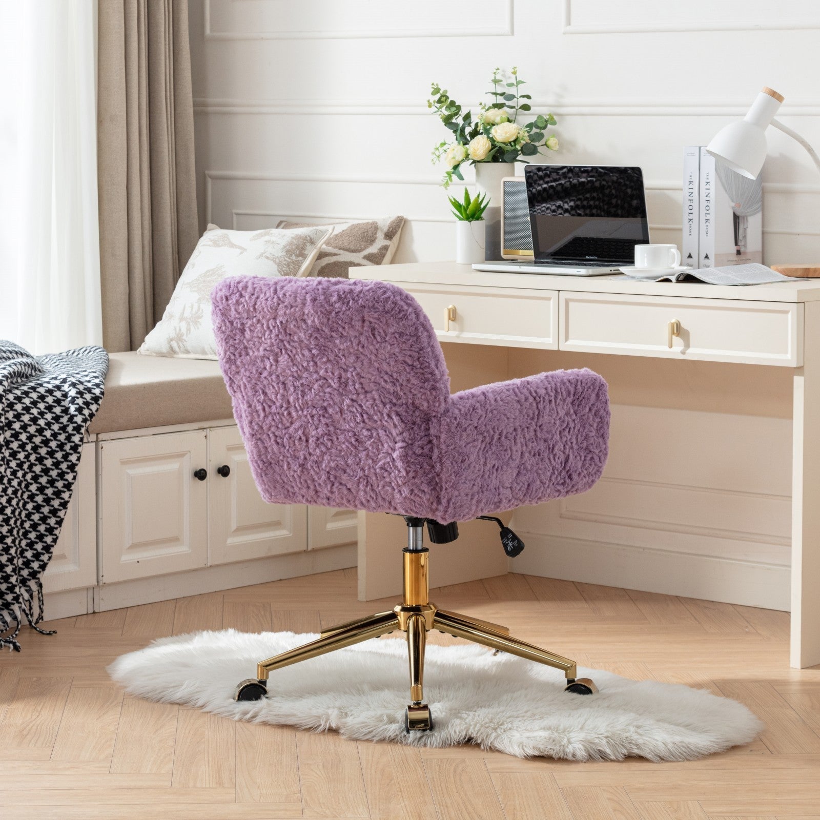 A&A Furniture Home Office Chair Violet Velvet with Golden Metal Base Adjustable Swivel