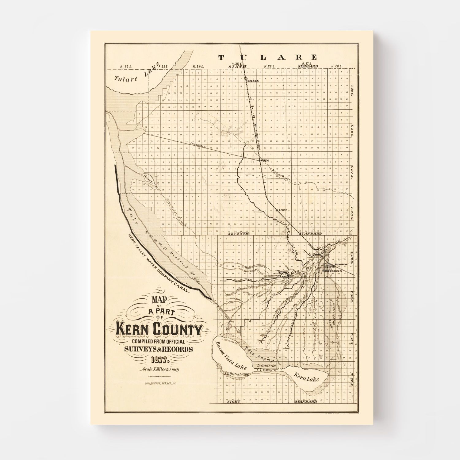 Vintage Map of Kern County, California 1877