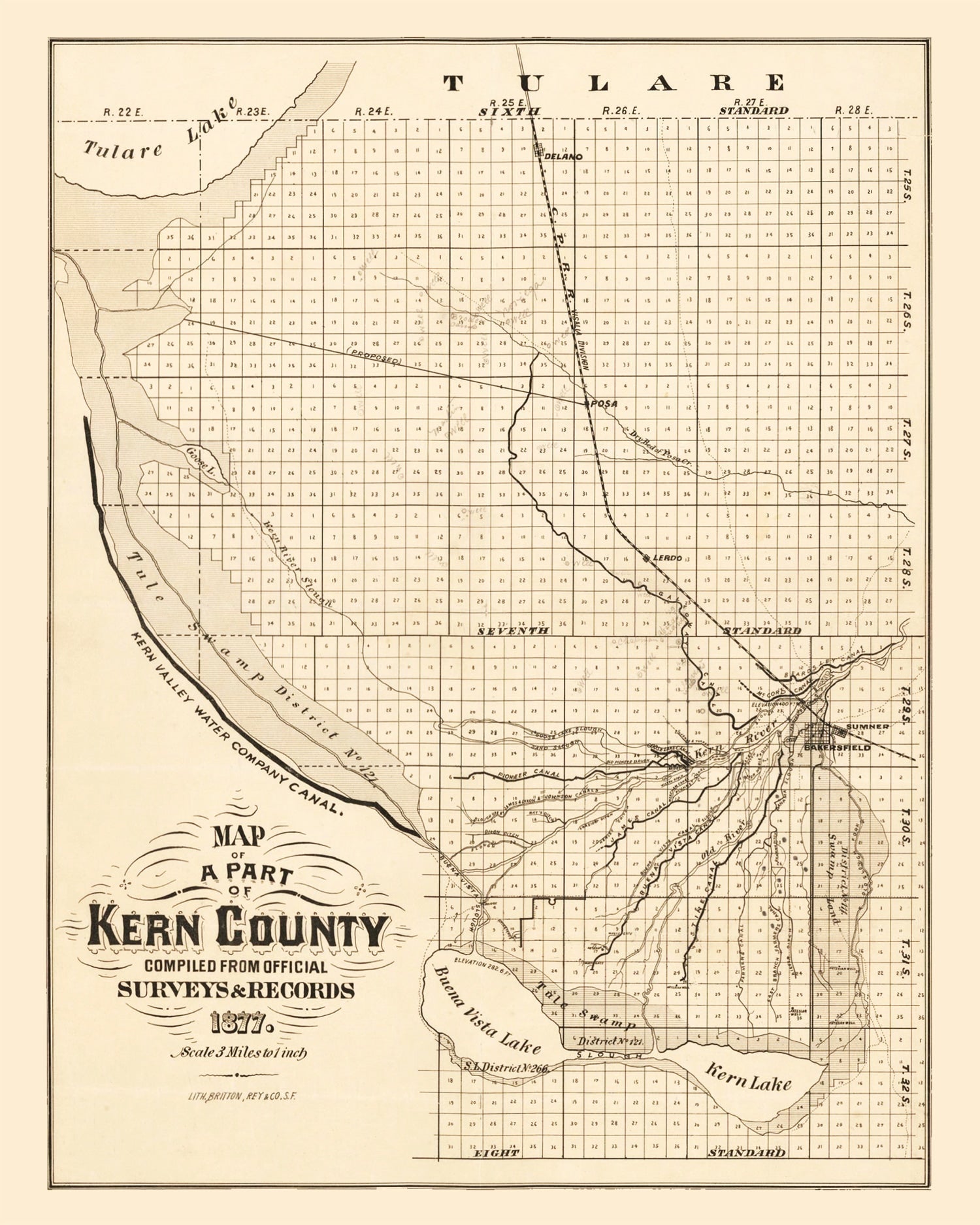 Vintage Map of Kern County, California 1877