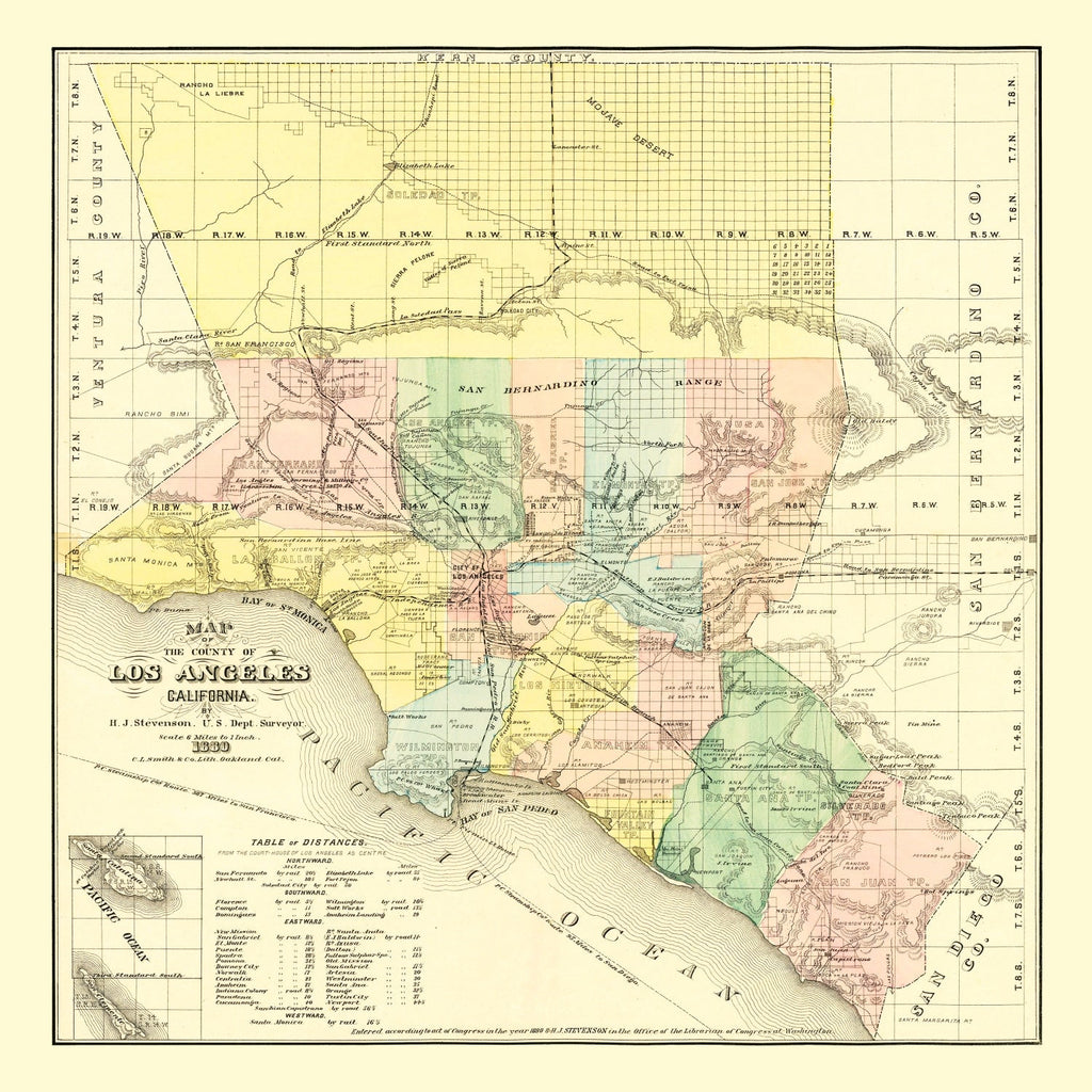 Vintage Map of Los Angeles County, California 1880