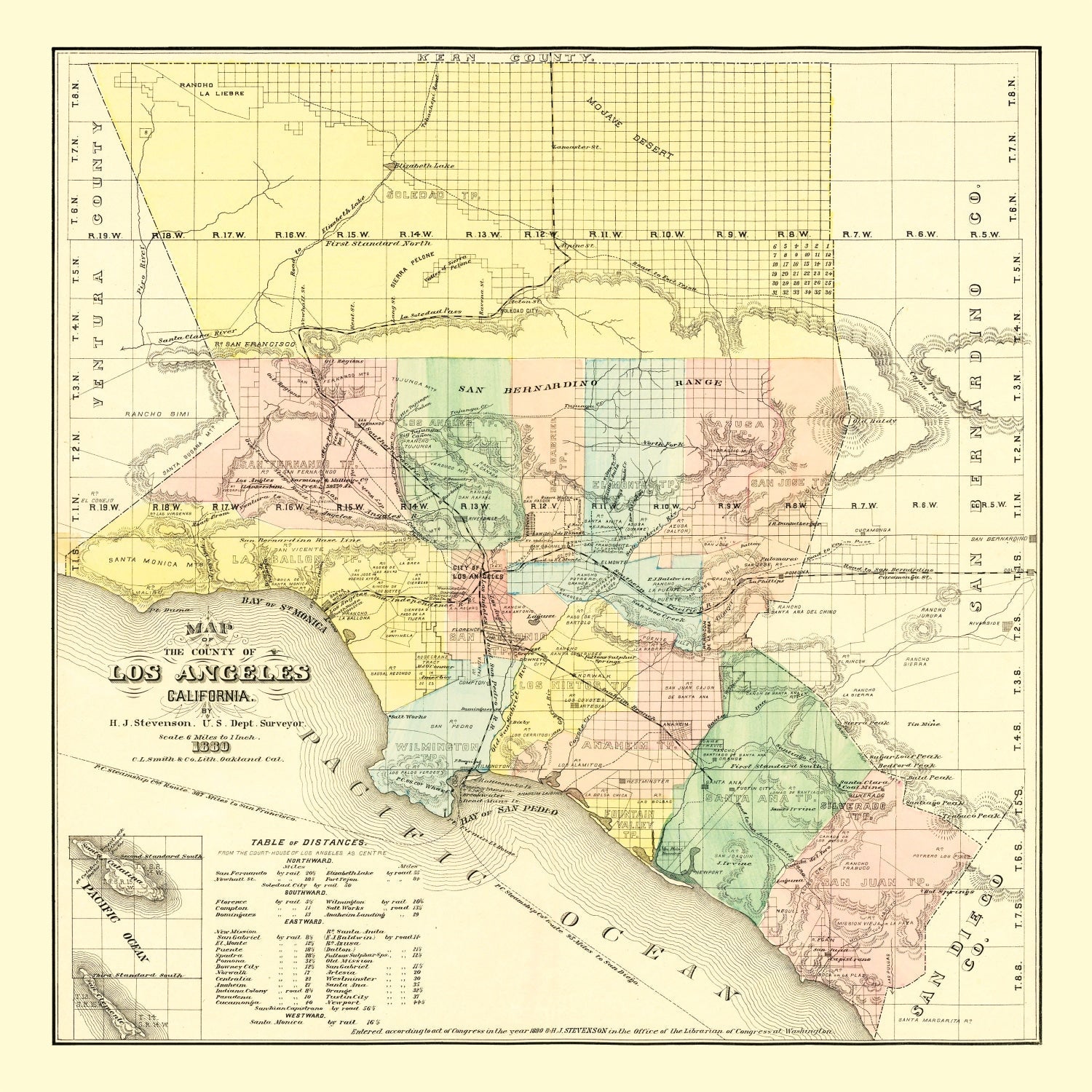 Vintage Map of Los Angeles County, California 1880