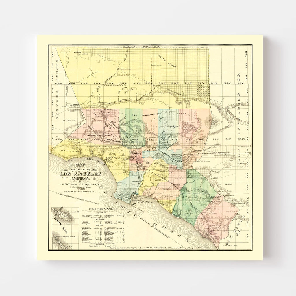Vintage Map of Los Angeles County, California 1880