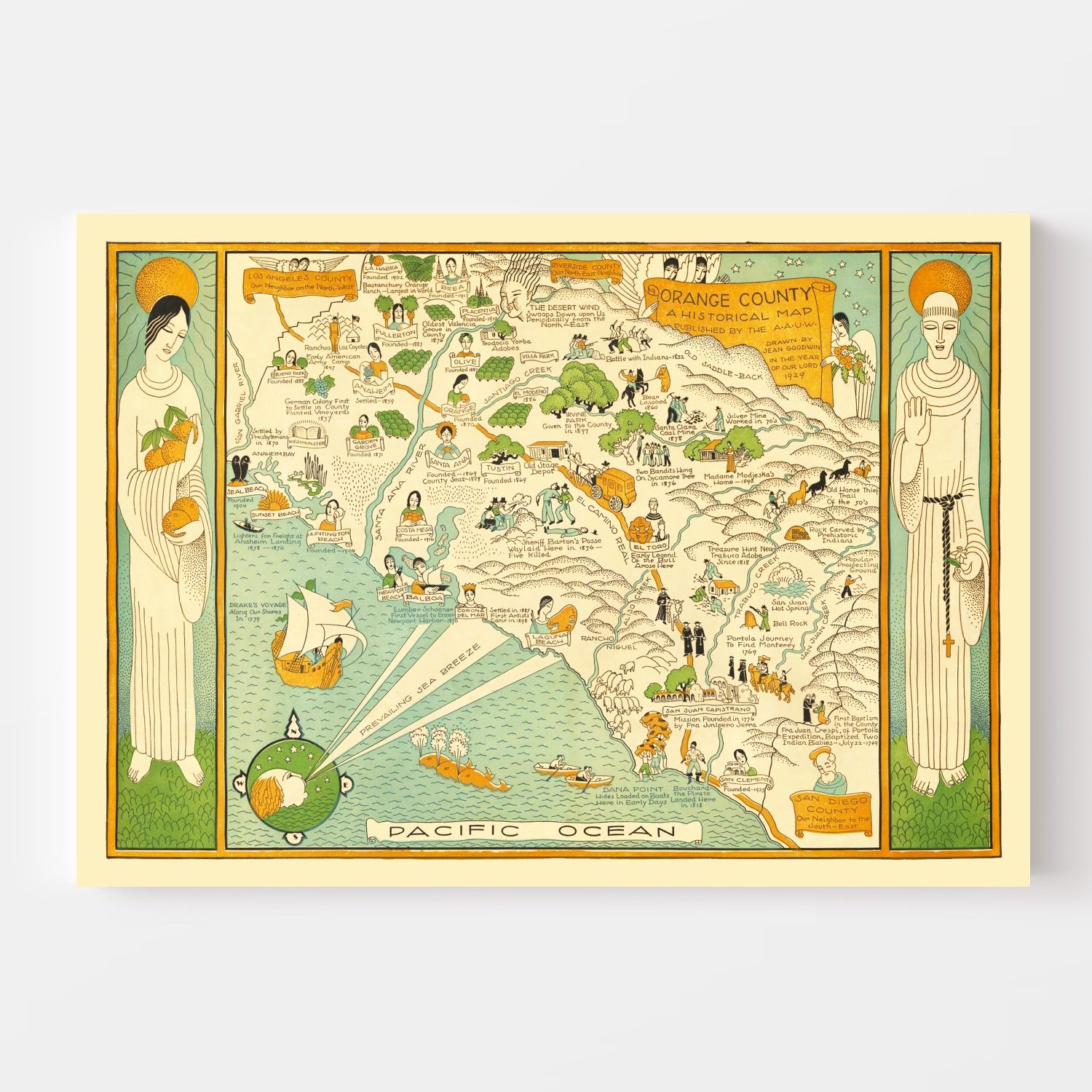 Vintage Map of Orange County, California 1929