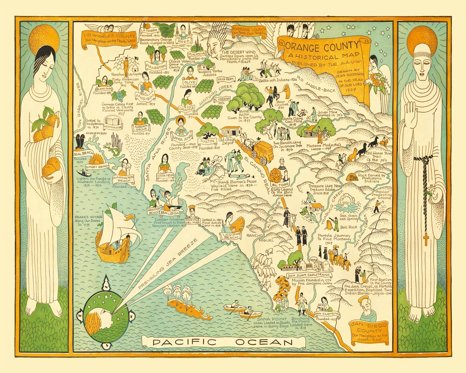 Vintage Map of Orange County, California 1929