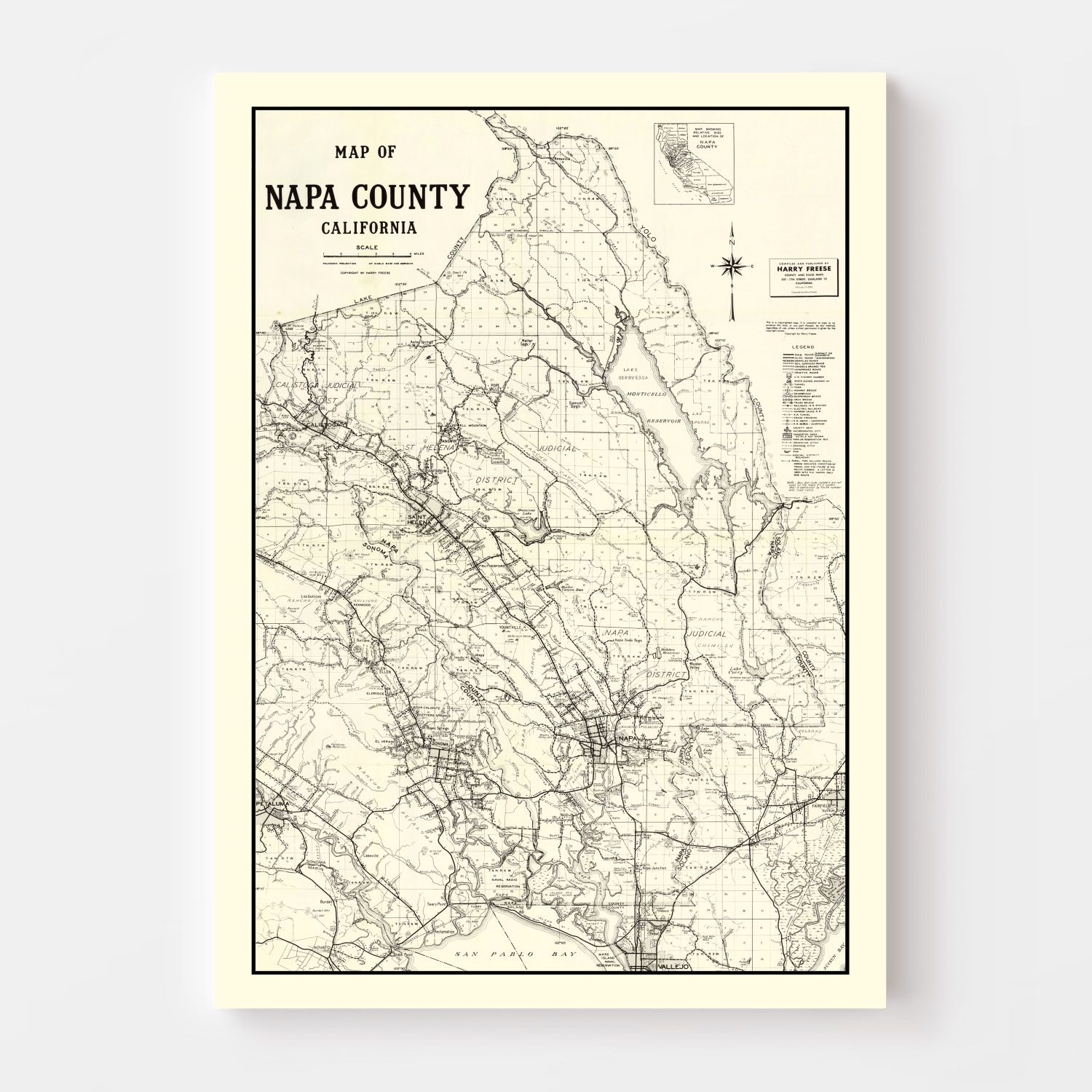 Vintage Map of Napa County, California 1950