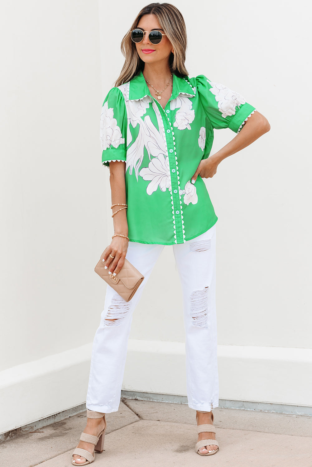 Floral Ricrac Trim Puff Sleeve Buttoned Shirt