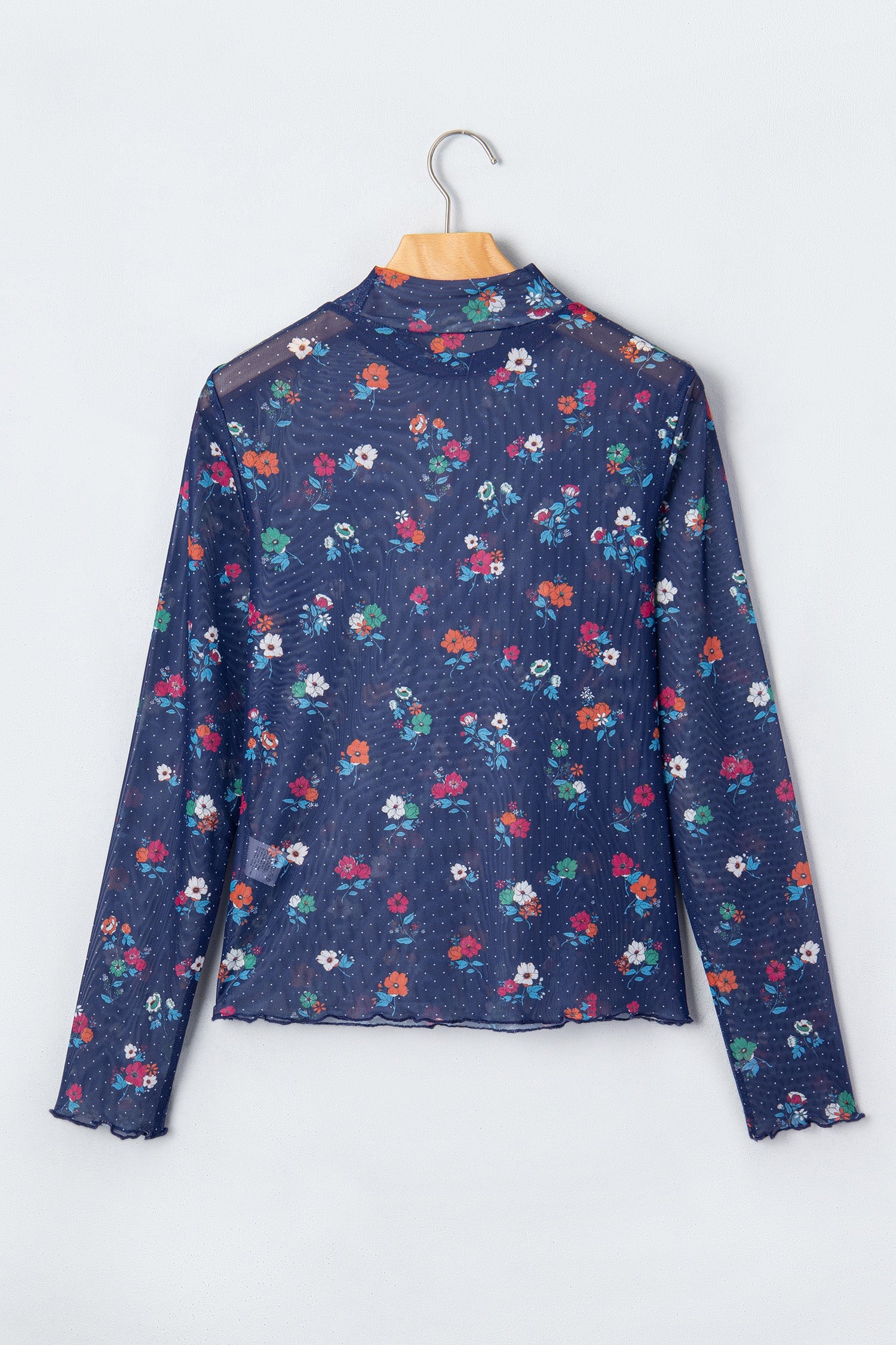 Polka Dot Floral Mesh Lettuce Trim Long Sleeve Top