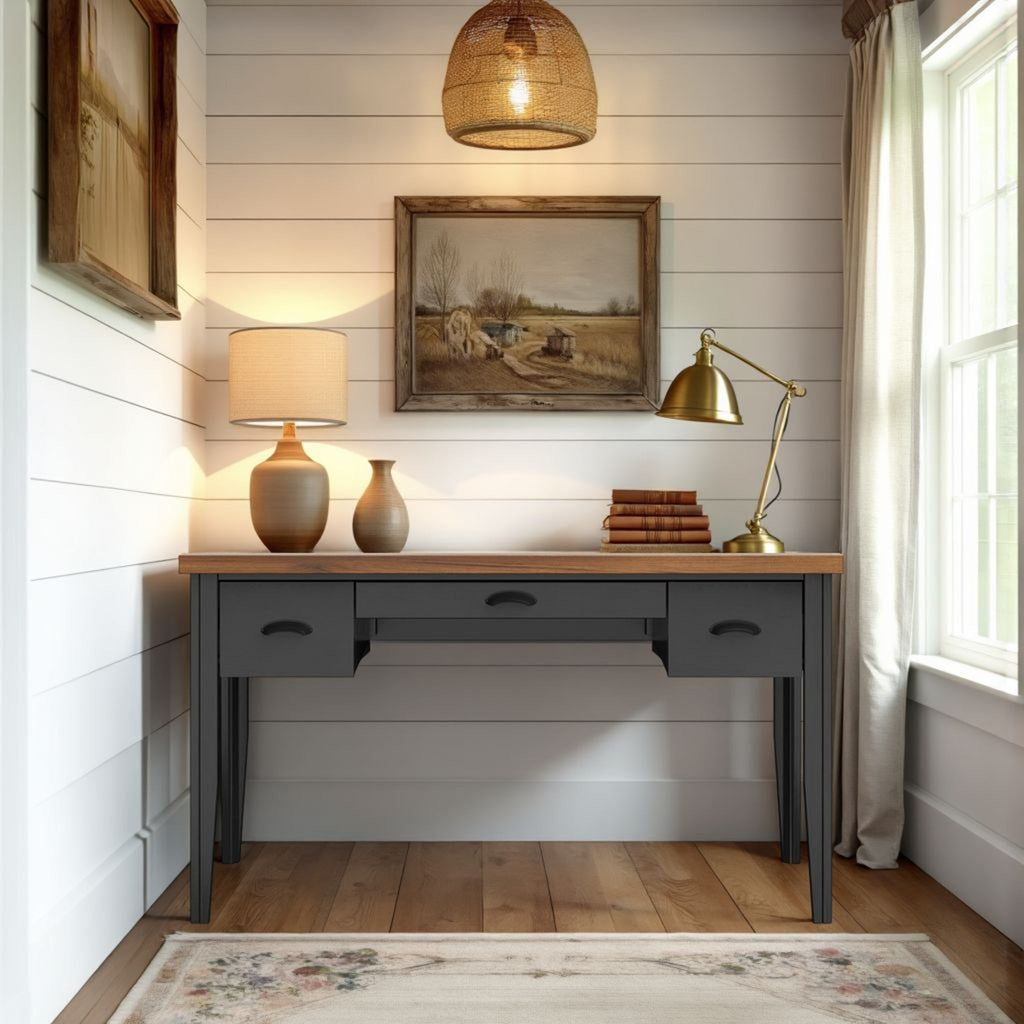 53 inch Writing Desk, No Assembly Required, Black and Whiskey Finish